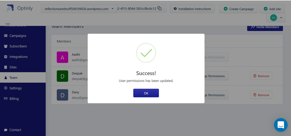 Updating permissions alert - Optinly