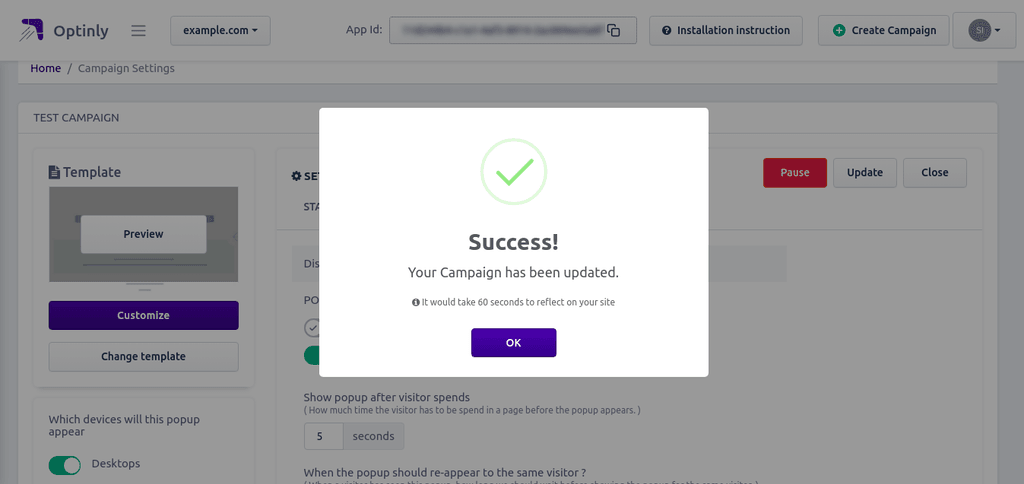 Popup campaign success