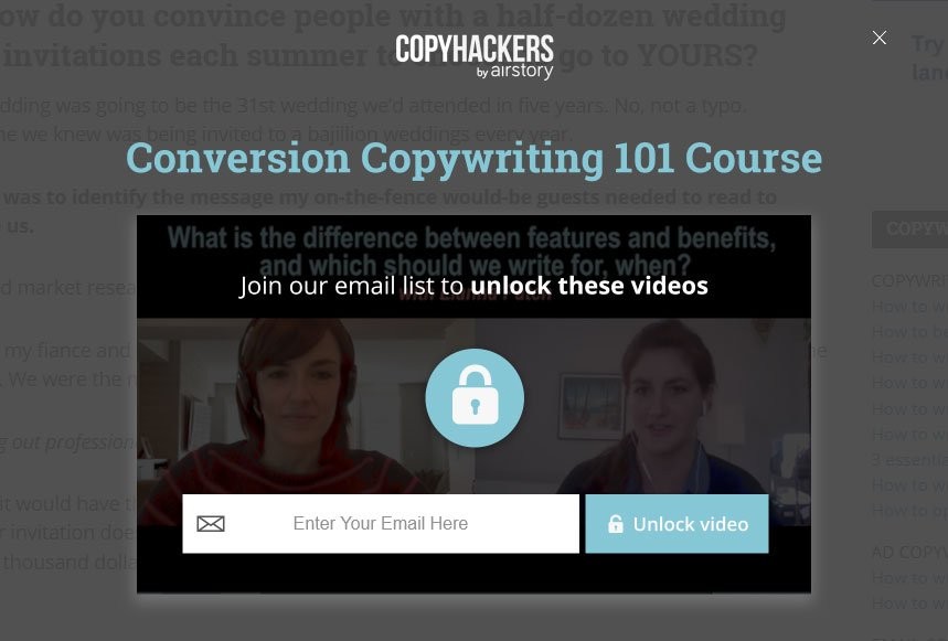 Copy Hackers Exit Intent Popup Example