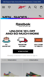Reebok popup mobile version