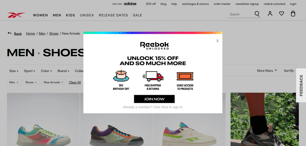 Reebok popup desktop version