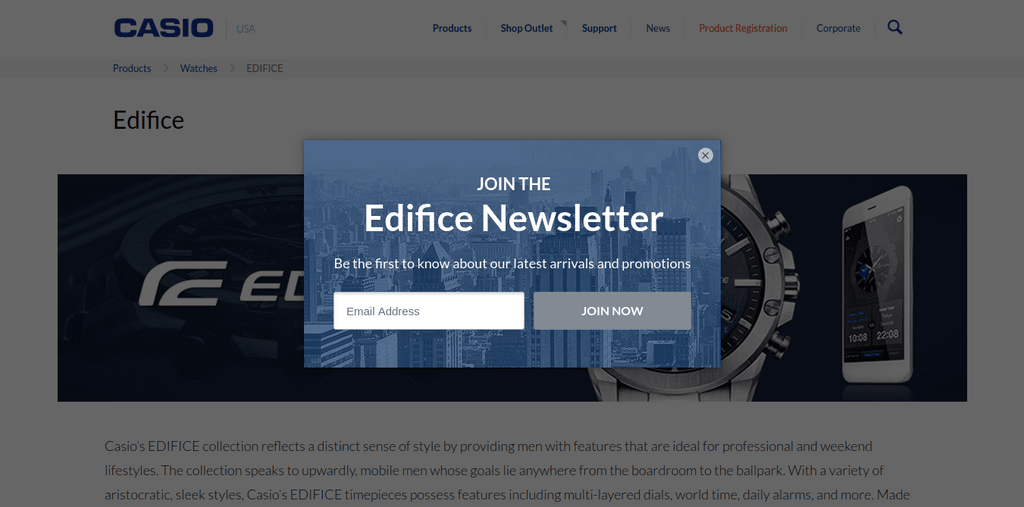 Casio Edifice Popup Example