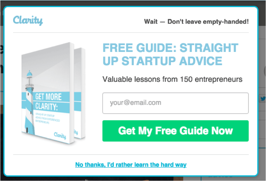 Example for exit intent popup without the close button