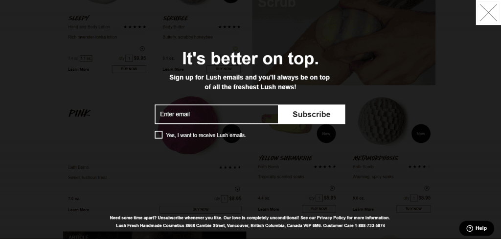 Lush Exit Intent Popup